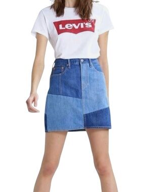 Levi's Patchwork Two-Tone Blue Denim Mini Skirt Size 30 Size 10